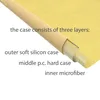 A close-up view of a layered product, likely a phone case, with text describing its construction. Produktbild-Vorschau