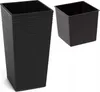 Two black planters are shown against a white background. One is a tall, textured planter on the left, and the other is a shorter, smooth planter on the right. Náhled obrázku produktu