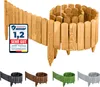 A wooden garden border fence is shown in various colors, with a close-up of the natural wood version and a seal of approval. Voir les images du produit
