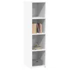 A tall, narrow, white bookcase with four shelves, displaying a few books, a decorative terrarium, and a gray storage box. Náhled obrázku produktu