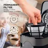 A hand is placing a filter into a coffee maker, with two people holding coffee cups in the background. Produktbild-Vorschau