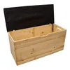 An open wooden storage chest with a black upholstered lid. Anteprima dell’immagine prodotto