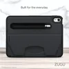 A black tablet case with an Apple Pencil inserted is displayed on a wooden surface with a marble-patterned background. Produktbild-Vorschau