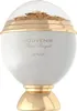 A white and gold perfume bottle with a clear dome top and floral decoration. Voir les images du produit