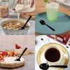 A collage of four images showing black plastic spoons in different food-related settings. Produktbild-Vorschau