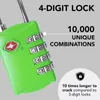 A close-up of a green 4-digit combination lock with text overlays highlighting its features. Produktbild-Vorschau