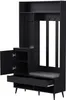A black entryway storage unit with a bench, drawers, and a cabinet. Produktbild-Vorschau