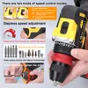 A close-up shot of a cordless drill with various drill bits and instructional text explaining its features and modes. Produktbild-Vorschau