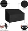 A black outdoor furniture cover is shown with callouts highlighting its features. Produktbild-Vorschau