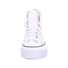 A front view of a white high-top sneaker with white laces and a thick white platform sole. Voir les images du produit