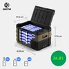 A portable electric cooler box filled with blue cylindrical items, with dimensions and capacity indicated by text and graphics. Anteprima dell’immagine prodotto