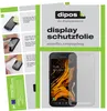 An instructional image showing how to apply a screen protector to a smartphone, alongside marketing material for the product. Produktbild-Vorschau