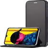 A black flip case for a smartphone is shown standing upright, with a smartphone displaying an image of a person inside the case. Produktbild-Vorschau