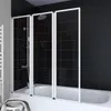 A modern bathroom with black tiled walls and a white bathtub, featuring a three-panel folding shower screen. Produktbild-Vorschau