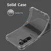 A clear phone case is shown bending to demonstrate its flexibility, with text highlighting its features. Produktbild-Vorschau
