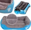 A collage of images showing a blue and gray dog bed from different angles, with close-ups of the material and a detail of the waterproof lining. Podgląd zdjęcia produktu