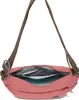 An open pink crossbody bag with brown straps against a white background. Produktbild-Vorschau