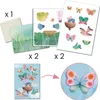 A collage of images showing components and examples of a craft kit, including stickers, backgrounds, and a finished butterfly. Produktbild-Vorschau