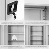 A collage of four images showcasing different features of a gray metal filing cabinet. Produktbild-Vorschau