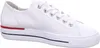 A white leather sneaker with red and blue accents on the sole, shown from the side. Produktbild-Vorschau
