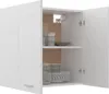 An open white cabinet showing shelves with stacked plates and bowls. Anteprima dell’immagine prodotto