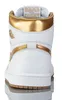 The back view of a white and gold Nike Air Jordan 1 Retro High sneaker against a white background. Podgląd zdjęcia produktu
