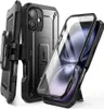 A black rugged phone case with a kickstand and a detachable belt clip, shown with a clear front cover and a phone inside. Produktbild-Vorschau