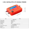 An orange 2-in-1 satellite and TV signal finder with a digital display and a compass, shown with dimensions and a specification table. Podgląd zdjęcia produktu