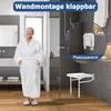 A woman in a bathrobe stands in a modern bathroom, with a shower stall and a wall-mounted folding stool visible. A circular inset highlights the stool in its folded state. Voir les images du produit
