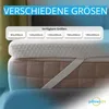 A mattress topper is shown on top of a mattress, with text indicating available sizes. Produktbild-Vorschau