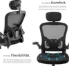Two views of an ergonomic office chair, one from the back and one from the front, with text highlighting features. Náhled obrázku produktu