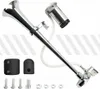 A chrome horn with a compressor and mounting hardware on a white background with diagonal grey stripes. Náhľad obrázku produktu