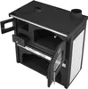A black and silver wood-burning stove with glass doors and a pull-out drawer is shown from a high-angle perspective on a white background. Náhled obrázku produktu