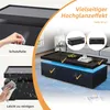 A collage of images showing a black coffee table with LED lighting, demonstrating its features like protective film and ease of cleaning, and its use in a living room setting. Produktbild-Vorschau
