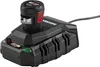 A black battery charger with a black battery inserted, shown from a diagonal angle on a white background. Produktbild-Vorschau