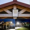 A collage of images showing an LED floodlight mounted on a wooden structure and the floodlight illuminating a carport at night. Voir les images du produit