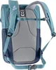 The back of a teal and blue backpack is shown against a white background. Produktbild-Vorschau