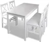 A white dining table with four chairs, presented on a white background. Produktbild-Vorschau