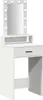 A white vanity table with a mirror and lights. Voir les images du produit