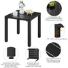 A black square side table with decorative elements and text overlays highlighting its features. Produktbild-Vorschau