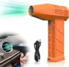 A collage showing an orange electric air duster and a black one being used to clean a car vent, along with a USB cable. Náhled obrázku produktu