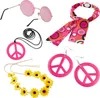 A collection of hippie-themed costume accessories, including sunglasses, a scarf, a necklace, earrings, and a flower crown, arranged on a white background. Produktbild-Vorschau