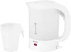 A white travel kettle and a white cup are shown against a white background. Voir les images du produit