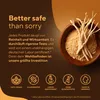 Marketing image with text and icons promoting product quality and features, alongside a bowl of powder and roots. Produktbild-Vorschau