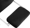 A close-up view of a black upholstered footrest attached to a chair with chrome legs. Náhled obrázku produktu