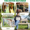 A collage of images showing different uses of a product, including a playground, a carport, and a fence, with a person using a laptop in the foreground. Produktbild-Vorschau