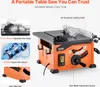 A portable table saw with various features highlighted by text overlays and inset images. Náhled obrázku produktu