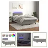 A collage of images showing a grey boxspring bed with LED lighting, including close-ups of the lighting options and a full product shot. Produktbild-Vorschau