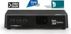 A black satellite receiver with various logos and text overlays indicating its features and included accessories. Produktbild-Vorschau