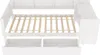 A white wooden bed frame with an open slatted mattress base, two drawers underneath, and a shelf unit at the head. A side unit with shelves is attached to the right. Náhled obrázku produktu